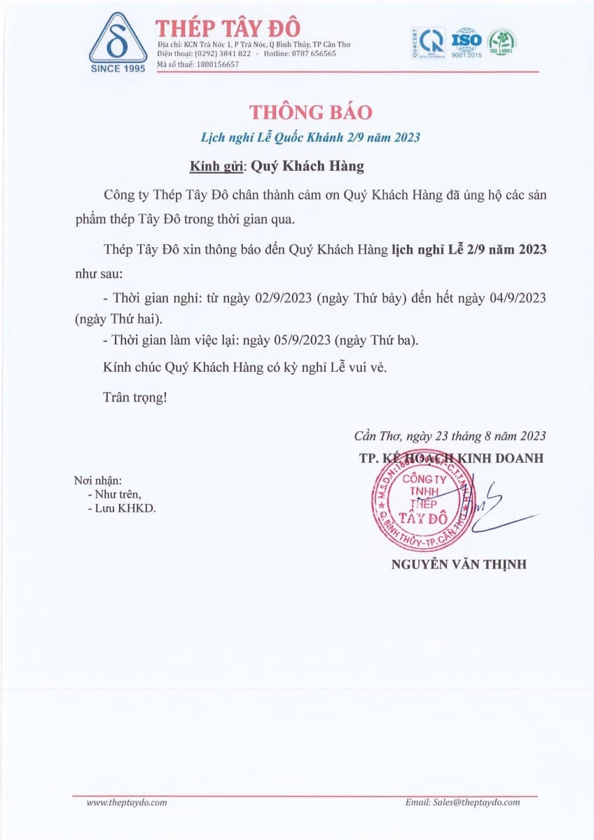 Thông báo nghĩ lễ Quốc Khánh 2/9 năm 2023